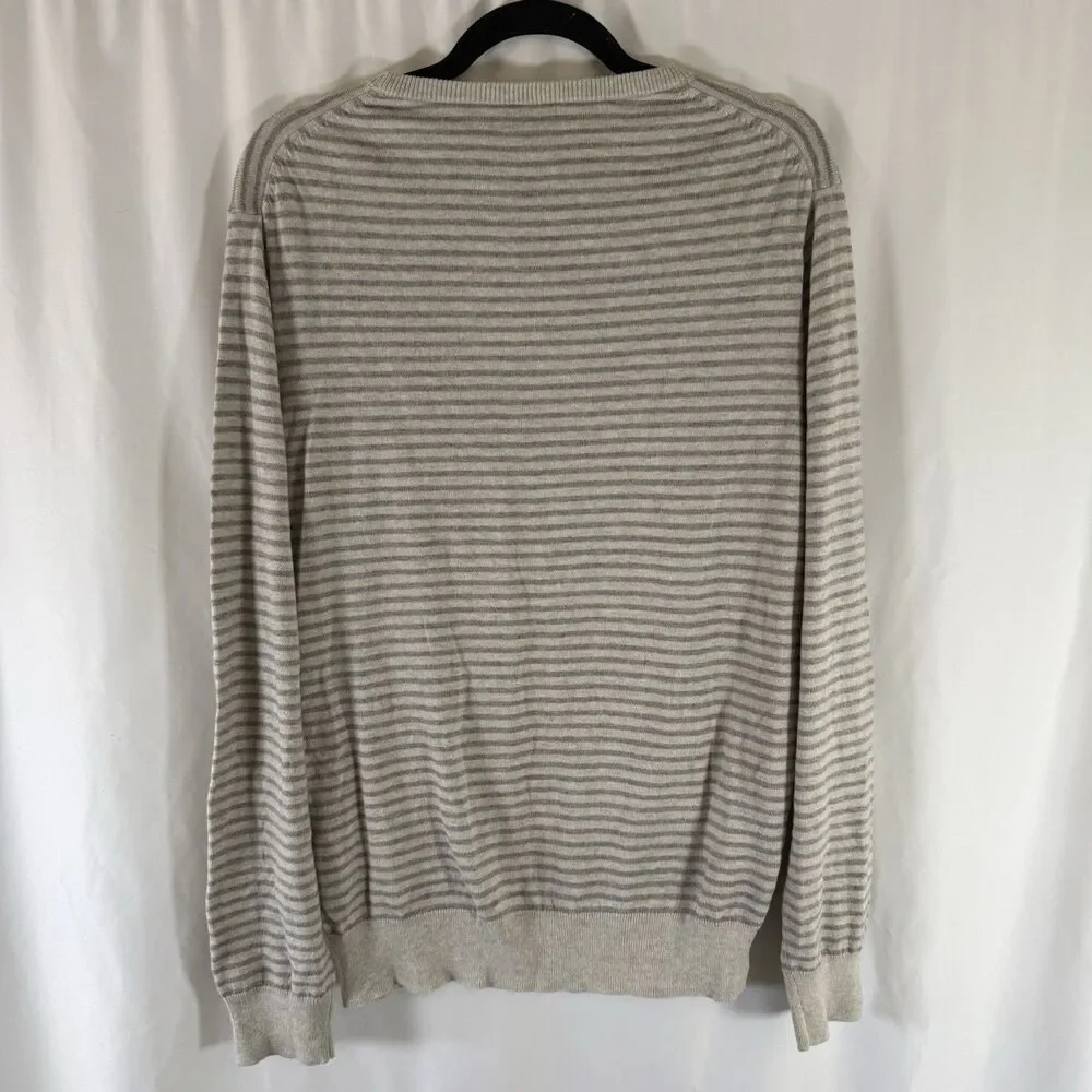 J Crew Harbor Cotton Sweater Men's Large Slim Fit Grey White Striped Crewneck